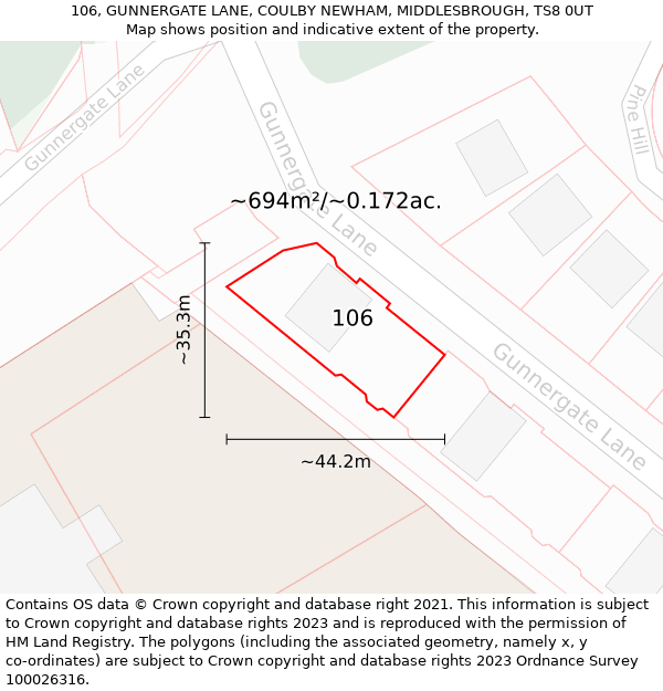 106, GUNNERGATE LANE, COULBY NEWHAM, MIDDLESBROUGH, TS8 0UT: Plot and title map