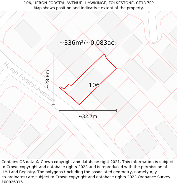 106, HERON FORSTAL AVENUE, HAWKINGE, FOLKESTONE, CT18 7FP: Plot and title map