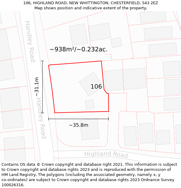 106, HIGHLAND ROAD, NEW WHITTINGTON, CHESTERFIELD, S43 2EZ: Plot and title map