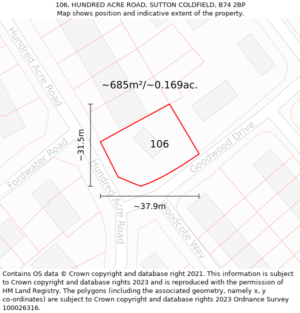106, HUNDRED ACRE ROAD, SUTTON COLDFIELD, B74 2BP: Plot and title map