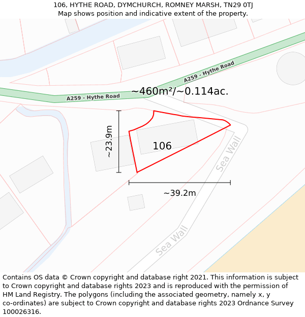 106, HYTHE ROAD, DYMCHURCH, ROMNEY MARSH, TN29 0TJ: Plot and title map