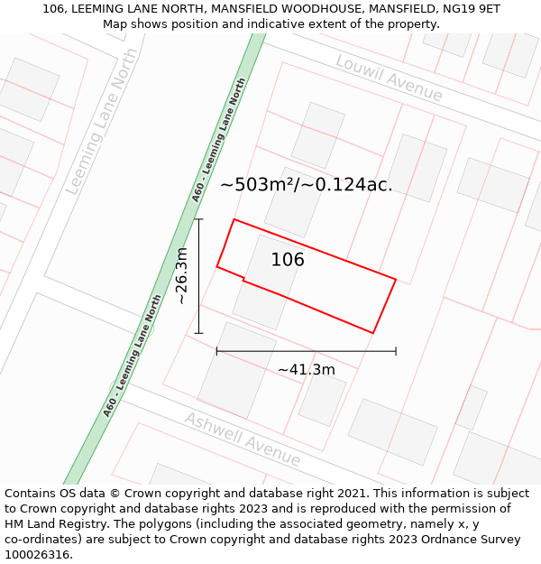 106, LEEMING LANE NORTH, MANSFIELD WOODHOUSE, MANSFIELD, NG19 9ET: Plot and title map