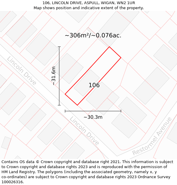 106, LINCOLN DRIVE, ASPULL, WIGAN, WN2 1UR: Plot and title map