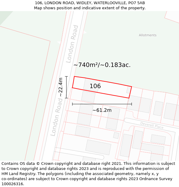 106, LONDON ROAD, WIDLEY, WATERLOOVILLE, PO7 5AB: Plot and title map