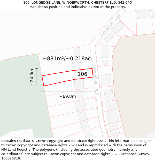 106, LONGEDGE LANE, WINGERWORTH, CHESTERFIELD, S42 6PQ: Plot and title map