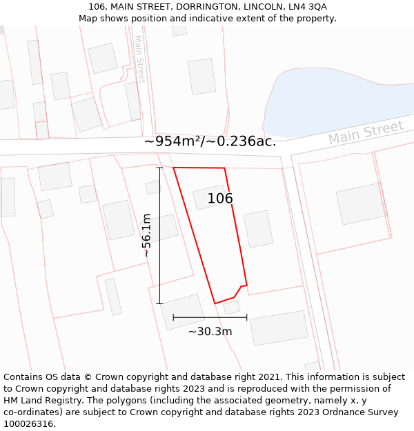 106, MAIN STREET, DORRINGTON, LINCOLN, LN4 3QA: Plot and title map