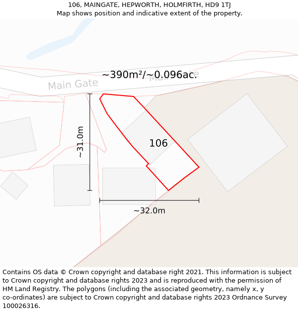 106, MAINGATE, HEPWORTH, HOLMFIRTH, HD9 1TJ: Plot and title map