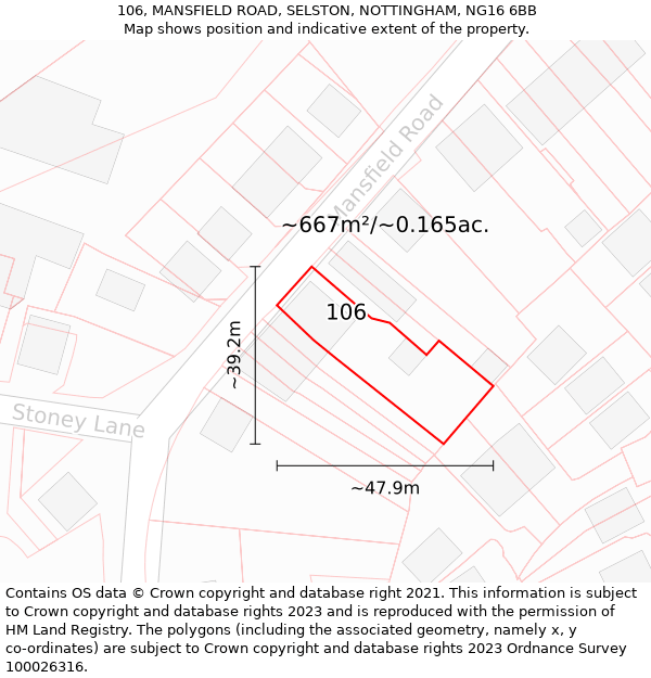 106, MANSFIELD ROAD, SELSTON, NOTTINGHAM, NG16 6BB: Plot and title map