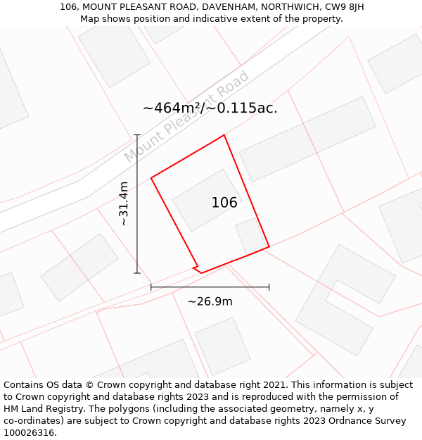 106, MOUNT PLEASANT ROAD, DAVENHAM, NORTHWICH, CW9 8JH: Plot and title map