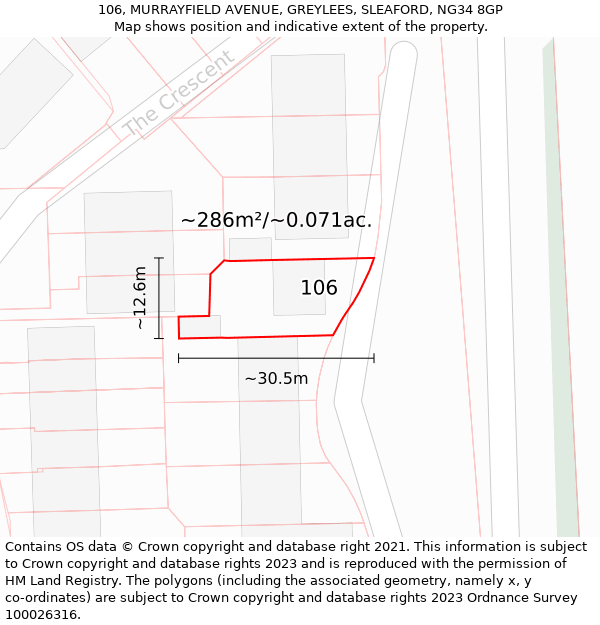 106, MURRAYFIELD AVENUE, GREYLEES, SLEAFORD, NG34 8GP: Plot and title map