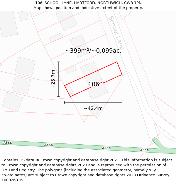 106, SCHOOL LANE, HARTFORD, NORTHWICH, CW8 1PN: Plot and title map