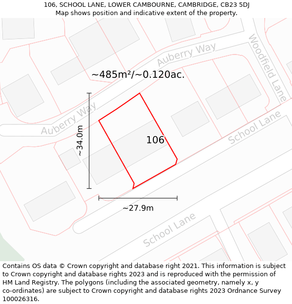 106, SCHOOL LANE, LOWER CAMBOURNE, CAMBRIDGE, CB23 5DJ: Plot and title map