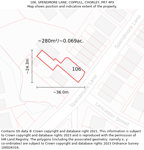 106, SPENDMORE LANE, COPPULL, CHORLEY, PR7 4PX: Plot and title map