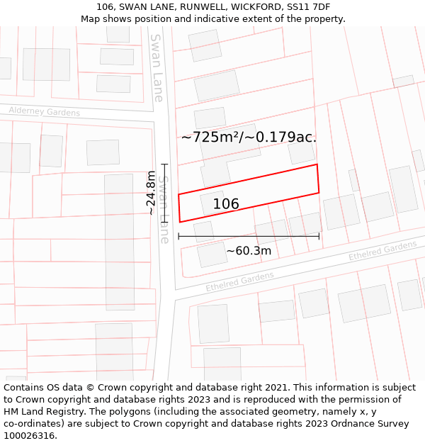 106, SWAN LANE, RUNWELL, WICKFORD, SS11 7DF: Plot and title map