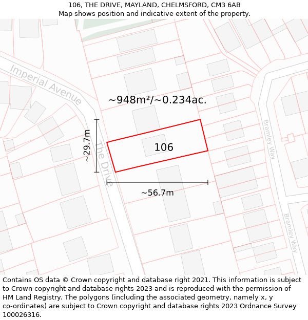 106, THE DRIVE, MAYLAND, CHELMSFORD, CM3 6AB: Plot and title map