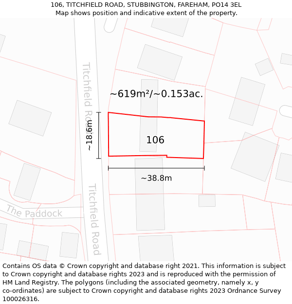 106, TITCHFIELD ROAD, STUBBINGTON, FAREHAM, PO14 3EL: Plot and title map