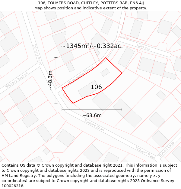 106, TOLMERS ROAD, CUFFLEY, POTTERS BAR, EN6 4JJ: Plot and title map