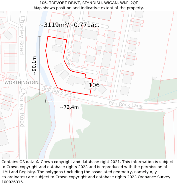 106, TREVORE DRIVE, STANDISH, WIGAN, WN1 2QE: Plot and title map