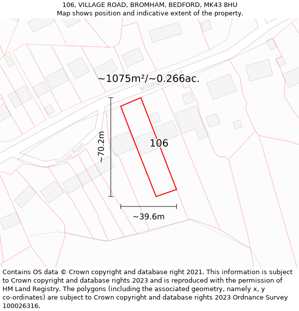 106, VILLAGE ROAD, BROMHAM, BEDFORD, MK43 8HU: Plot and title map