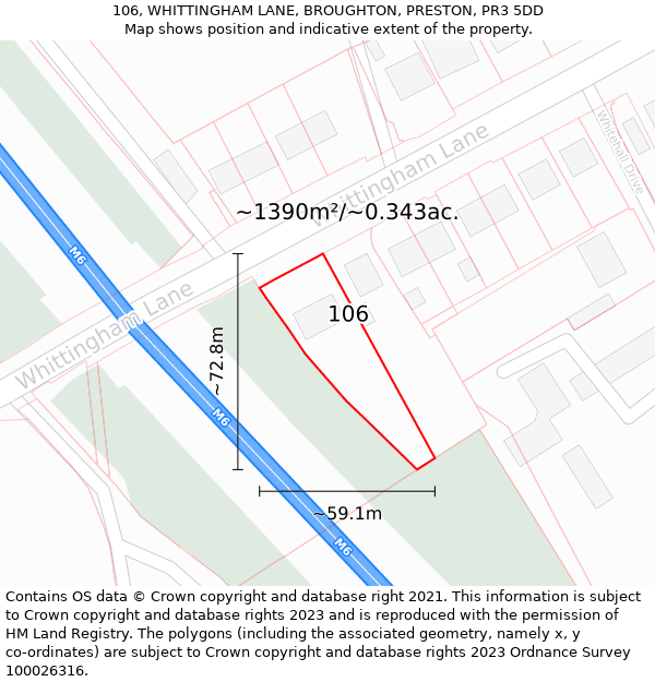 106, WHITTINGHAM LANE, BROUGHTON, PRESTON, PR3 5DD: Plot and title map