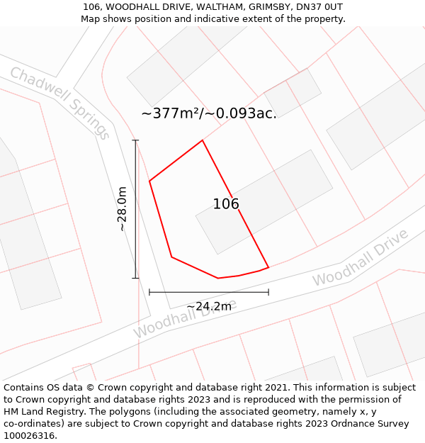 106, WOODHALL DRIVE, WALTHAM, GRIMSBY, DN37 0UT: Plot and title map