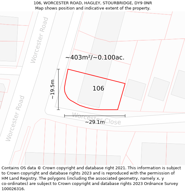 106, WORCESTER ROAD, HAGLEY, STOURBRIDGE, DY9 0NR: Plot and title map