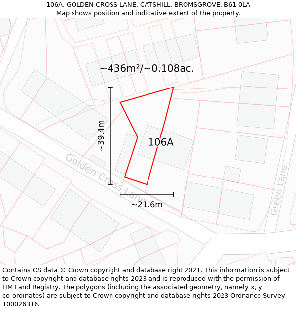 106A, GOLDEN CROSS LANE, CATSHILL, BROMSGROVE, B61 0LA: Plot and title map