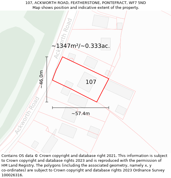 107, ACKWORTH ROAD, FEATHERSTONE, PONTEFRACT, WF7 5ND: Plot and title map