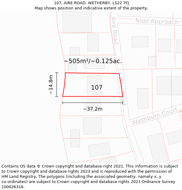 107, AIRE ROAD, WETHERBY, LS22 7FJ: Plot and title map