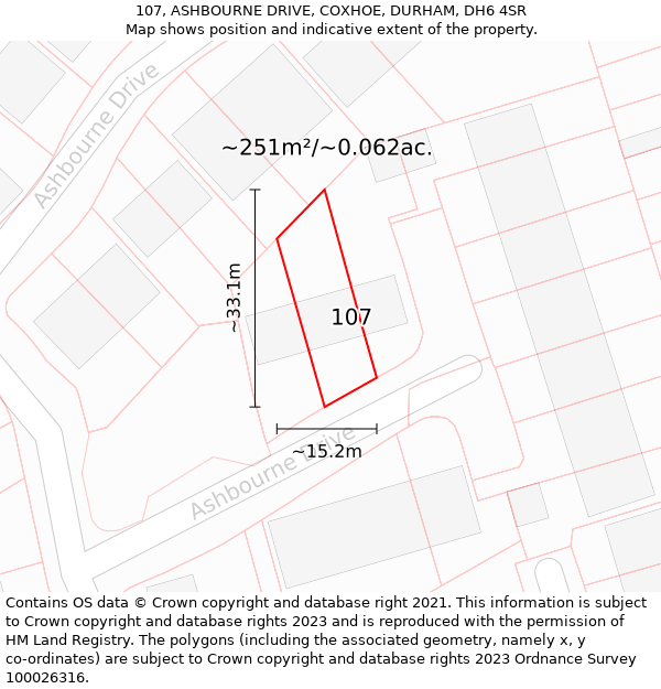 107, ASHBOURNE DRIVE, COXHOE, DURHAM, DH6 4SR: Plot and title map