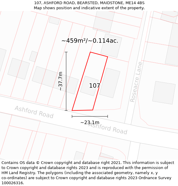107, ASHFORD ROAD, BEARSTED, MAIDSTONE, ME14 4BS: Plot and title map