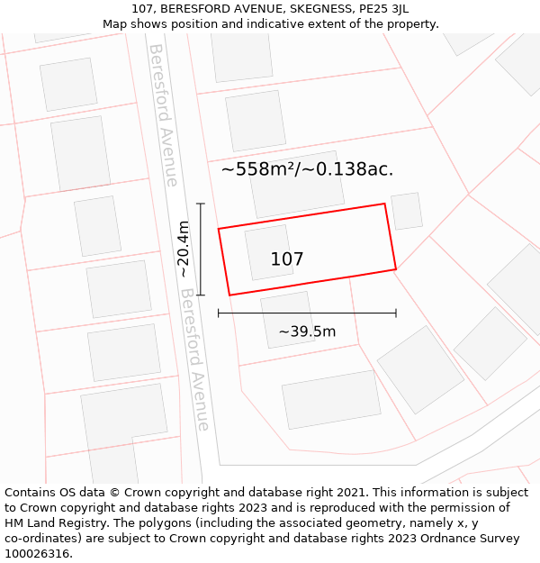 107, BERESFORD AVENUE, SKEGNESS, PE25 3JL: Plot and title map
