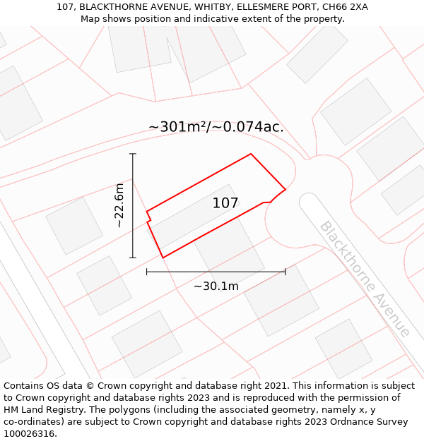 107, BLACKTHORNE AVENUE, WHITBY, ELLESMERE PORT, CH66 2XA: Plot and title map
