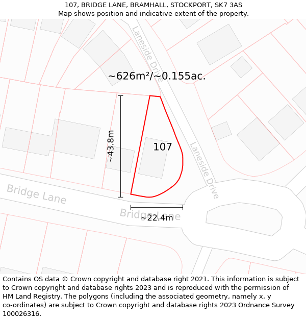 107, BRIDGE LANE, BRAMHALL, STOCKPORT, SK7 3AS: Plot and title map