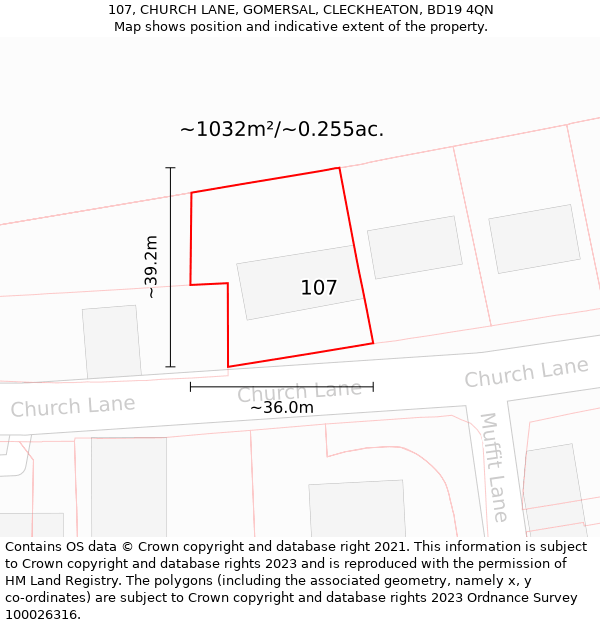 107, CHURCH LANE, GOMERSAL, CLECKHEATON, BD19 4QN: Plot and title map