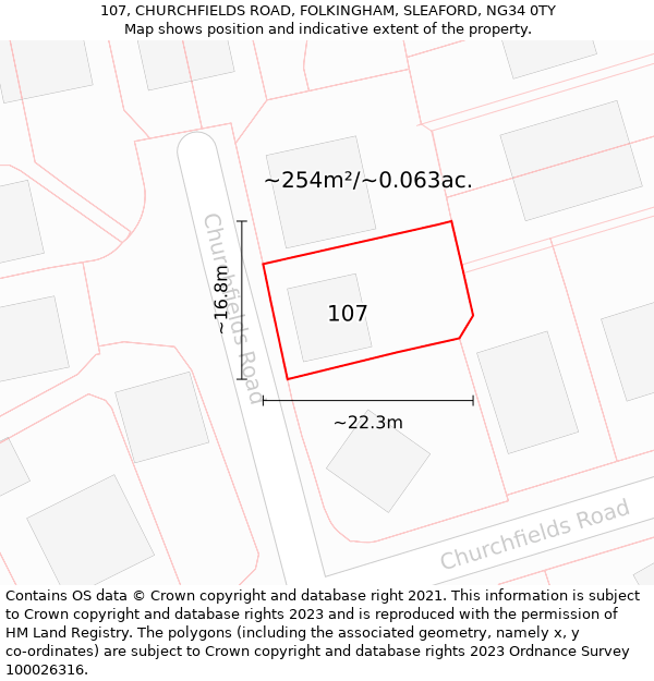 107, CHURCHFIELDS ROAD, FOLKINGHAM, SLEAFORD, NG34 0TY: Plot and title map