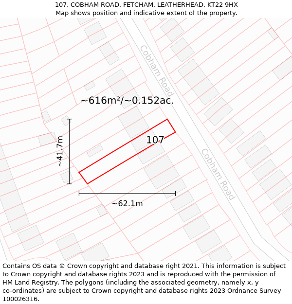 107, COBHAM ROAD, FETCHAM, LEATHERHEAD, KT22 9HX: Plot and title map