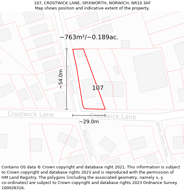 107, CROSTWICK LANE, SPIXWORTH, NORWICH, NR10 3AF: Plot and title map