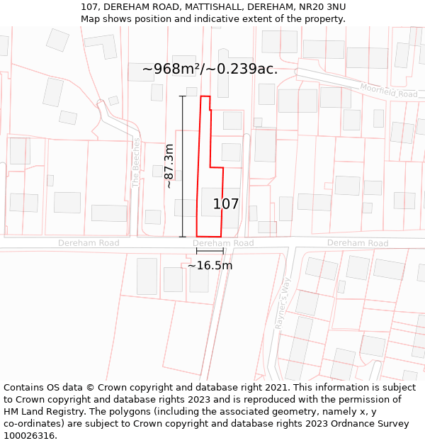 107, DEREHAM ROAD, MATTISHALL, DEREHAM, NR20 3NU: Plot and title map