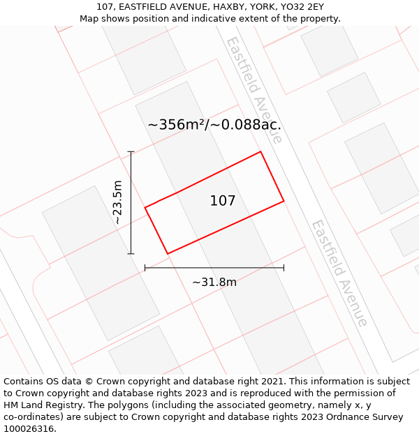107, EASTFIELD AVENUE, HAXBY, YORK, YO32 2EY: Plot and title map