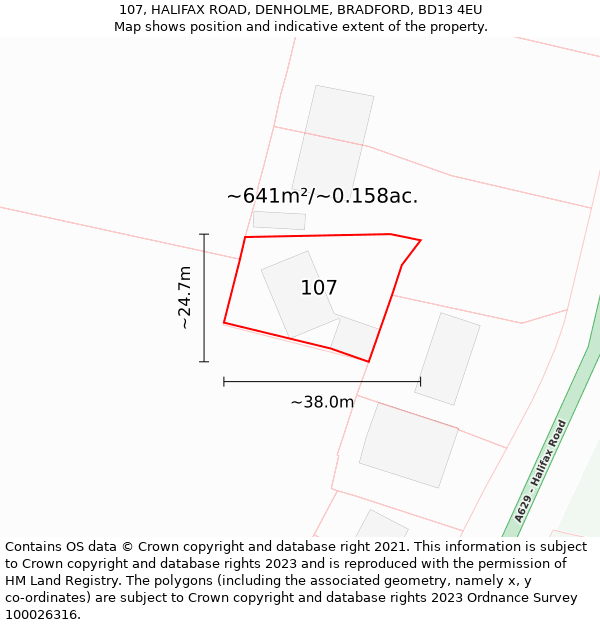 107, HALIFAX ROAD, DENHOLME, BRADFORD, BD13 4EU: Plot and title map