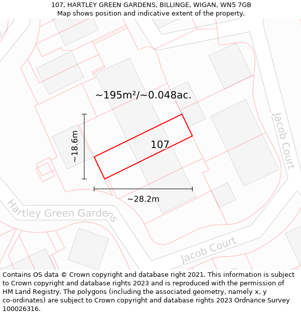 107, HARTLEY GREEN GARDENS, BILLINGE, WIGAN, WN5 7GB: Plot and title map