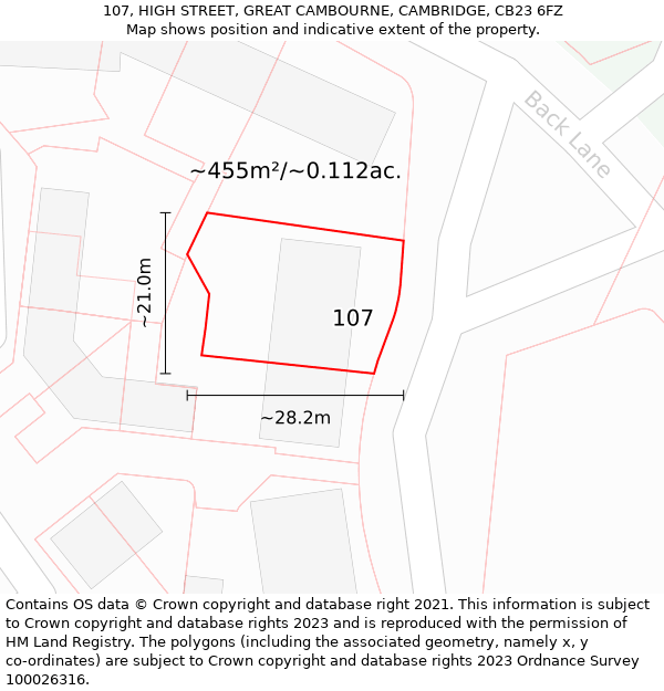 107, HIGH STREET, GREAT CAMBOURNE, CAMBRIDGE, CB23 6FZ: Plot and title map