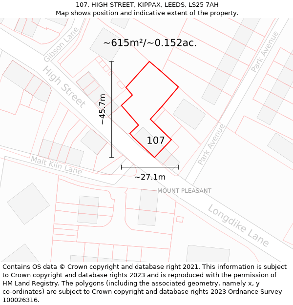 107, HIGH STREET, KIPPAX, LEEDS, LS25 7AH: Plot and title map