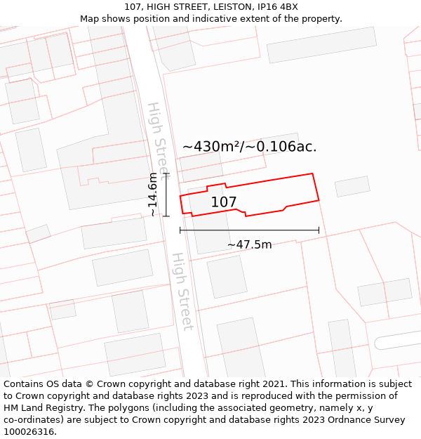107, HIGH STREET, LEISTON, IP16 4BX: Plot and title map