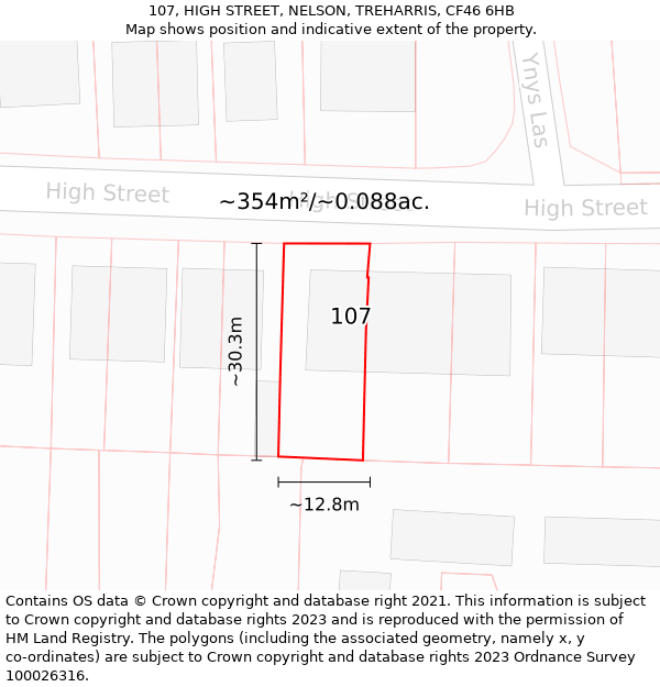 107, HIGH STREET, NELSON, TREHARRIS, CF46 6HB: Plot and title map