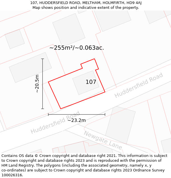 107, HUDDERSFIELD ROAD, MELTHAM, HOLMFIRTH, HD9 4AJ: Plot and title map