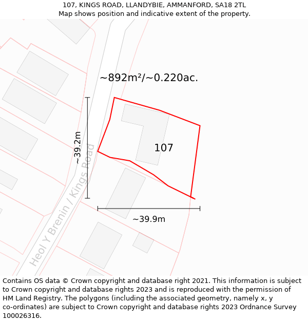 107, KINGS ROAD, LLANDYBIE, AMMANFORD, SA18 2TL: Plot and title map