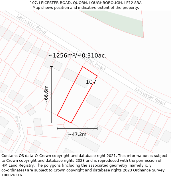 107, LEICESTER ROAD, QUORN, LOUGHBOROUGH, LE12 8BA: Plot and title map