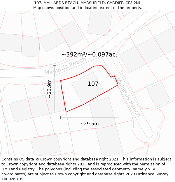 107, MALLARDS REACH, MARSHFIELD, CARDIFF, CF3 2NL: Plot and title map